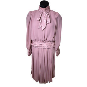 Rose Pink High Neck Bow Pleated Skirt Set Sz 8 10 Secretary Golden Girls Vtg 80s